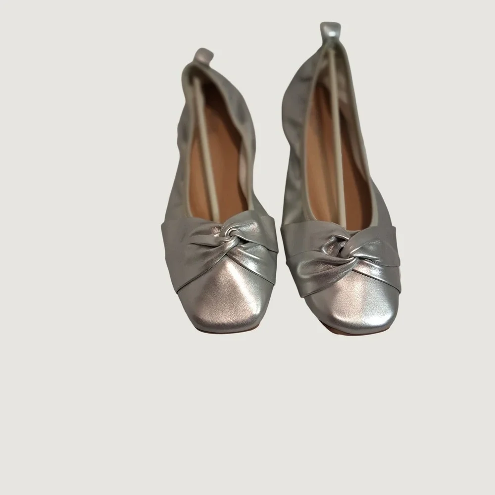 Silver Metallic Knotted Square Toe Ballet Flats Women Size 9 Slip On Shoes